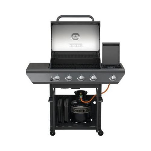 Hybridgrill TENNEKER Graphite Dual mit 4 Brenner + Seitenbrenner, Dual-Fuel-Technologie zum Grillen mit Gas und Holzkohle, gusseiserner Grillrost
