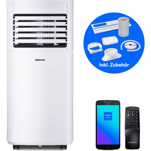 MEDION Smarte Mobile Klimaanlage mit Abluftschlauch P901 (9000 BTU, mobil, inkl. Fensterabdichtung, bis 32m², 3in1,Kühlen Entfeuchten Ventilieren, App- und Sprachsteuerung, Schlafmodus, MD 37732)