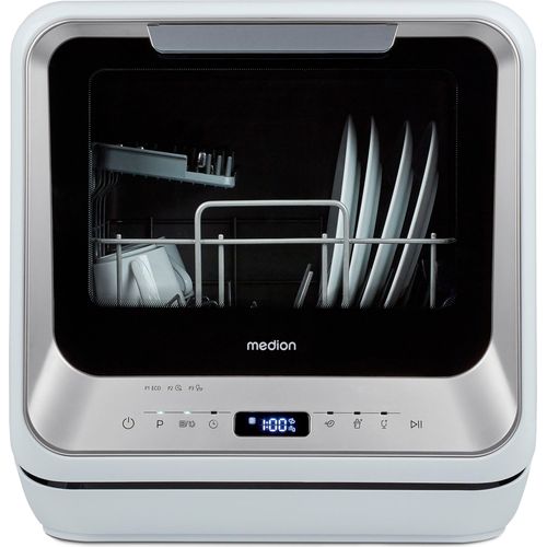 MEDION Mini Geschirrspüler DWT20 (Tischgeschirrspüler, Spülmaschine, 2 Maßgedecke, funktioniert mit/ohne Wasseranschluss, 6 Reinigungsprogramme, Babyflaschen, Startzeitvorwahl, freistehend) silber