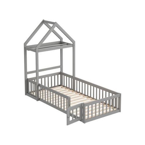 Kinderbett 90x200 cm Ohne Matratze Aus Massivholz Mit Stauraum Vollschutzgitter Tueren Lattenrost Grau Einzelbett Kinderbett Holzbett Jugendbett