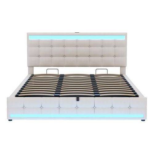 Polsterbett 90x200 cm Ohne Matratze Beige Hydraulischem Stauraum USB Farbwechselndem LED-Lichtstreifen Leinen-Einzelbett Kinderbett Jugendbett