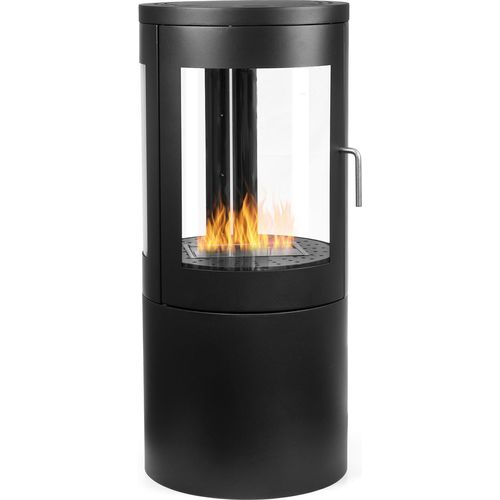 Ethanol Kamin 96 cm hoch rund schwarz mit Sichtfenstern & Glastür | Bioethanol Standkamin mit 1,2 l Brenner (15,5×24 cm) | Freistehend, ohne Schornstein & Rauch