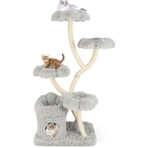 GOPLUS 165 cm Kratzbaum, mehrstufiger Katzenbaum mit 4 blumenförmigen Plattformen, 1 Höhle & 1 Katzenbett, Grau