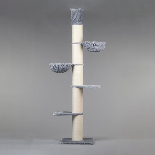 RHRQuality Kratzbaum für große Katzen – Maine Coon Tower Plus – 235 bis 255 cm hoch – Mit extra dicken 20 cm Sisalstämmen – Hellgrau