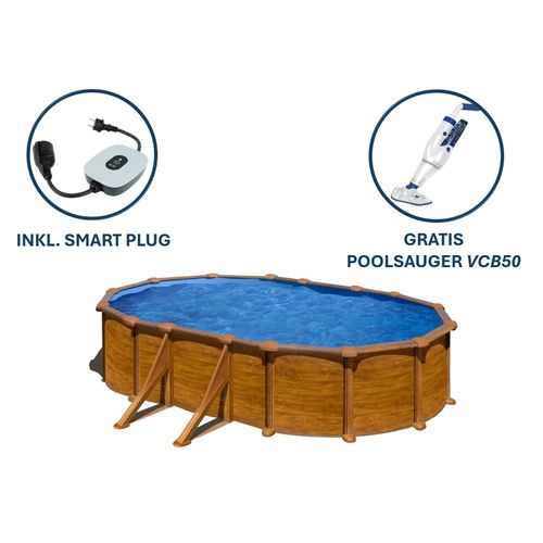 GRE Ovaler Stahlwandpool mit Holzoptik 500 x 300 x 132 cm, Serie Mauritius + Smart Plug + GRATIS Elektrischer Poolreiniger ELECTRIC VAC PLUS