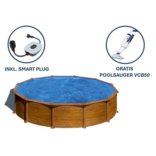 GRE Runder Stahlwandpool mit Holzoptik Ø 550 x 132 cm, Serie Mauritius + Smart Plug + GRATIS Elektrischer Poolreiniger ELECTRIC VAC PLUS