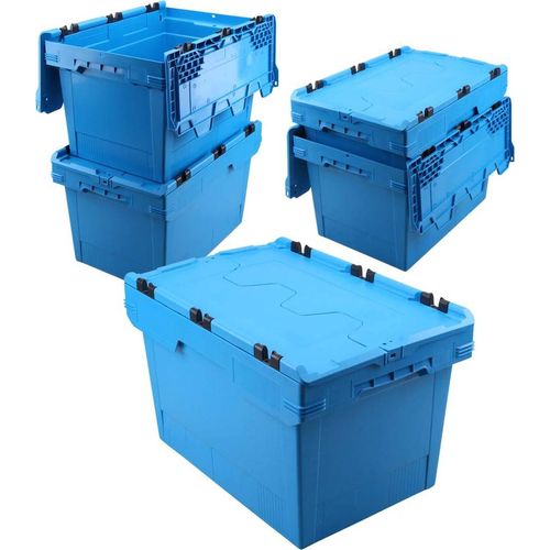 Set, 5x Mehrwegbehälter mit Klappdeckel, blau, verplompbar, LxBxH 600 x 400 x 350 mm, 58 Liter