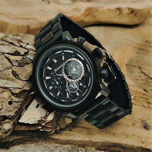 Holzwerk BRAMSCHE Herren Edelstahl & Holz Uhr Chronograph mit Datum, schwarz