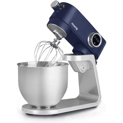 H.Koenig KM126 Professioneller Teigmischer, 800 W, 5 l Kapazität, 8 Geschwindigkeiten, bis zu 1,5 kg Teig, liegend und mobil, Pizza, Gebäck, Brot Edelstahl, 78 dB, grau und blau