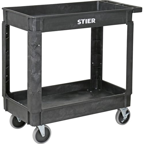 STIER Kunststoff-Vielzweckwagen mit 2 Etagen und 4 lenkbaren Rollen, 250 kg Tragkraft, Maße: 870 x 430 x 850 mm, Montagewagen, Werkzeugwagen, Farbe grau