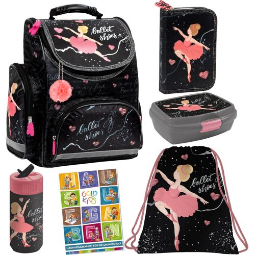 Schulranzen Set 6er Ranzen Tornister Federmappe Turnbeutel Turnsack Brotdose Trinkflasche Aufgabenheft für die Grundschule Ballerina Tänzerin Motiv