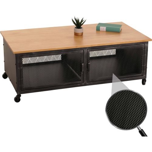 Couchtisch MCW-N28, Sofatisch, Rollen 2 Fächer, 3D-Struktur Industrial Retro Metall Holz 45x120x60cm schwarz, natur