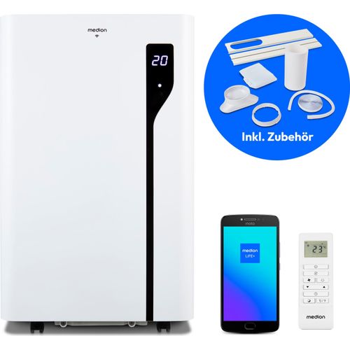 MEDION Smarte Mobile Klimaanlage mit Abluftschlauch P1200 (12000 BTU, mobil, inkl. Fensterabdichtung, bis 36m², 3in1 Kühlen Entfeuchten Ventilieren, App- und Sprachsteuerung, Schlafmodus, MD 37734)