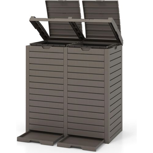 COSTWAY 235L Mülleimer mit Doppeldeckel, ausziehbarer Auffangschale & Griff, Mülltonne Outdoor, Abfalltonne wasserdicht , Müllbehälter Braun
