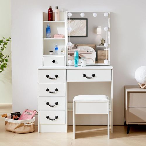 Schminktisch mit LED-Spiegel und Hocker, 80x40x130cm, MDF, 6 Schubladen, 6 Ablagen