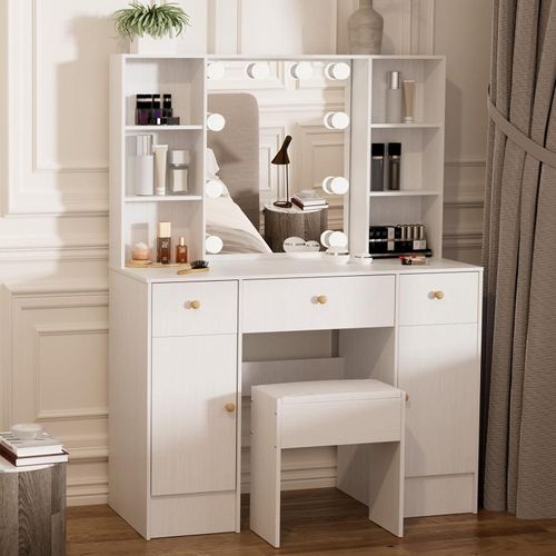 Schminktisch mit LED-Beleuchtung, Spiegel, Hocker, 3 Schubladen, 6 Ablagen, 2 Schränke 100x40x140cm