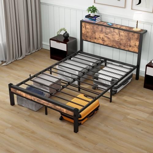 Kinderbett 120x200 cm Metallgestell Ohne Matratze Mit Stauraum Kopfteil Einzelnes Metall Plattformbett Geraeuschfrei Vintage Braun Jugendbett