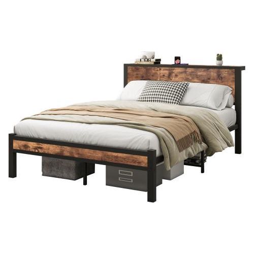 Kinderbett 140x200 cm Metallgestell Braun Ohne Matratze Mit Stauraum Kopfteil Einzelnes Metall Plattformbett Geraeuschfrei Vintage Jugendbett