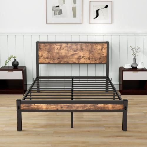 Kinderbett 140x200 cm Metallgestell Braun Ohne Matratze Mit Stauraum Kopfteil Einzelnes Metall Plattformbett Geraeuschfrei Vintage Jugendbett