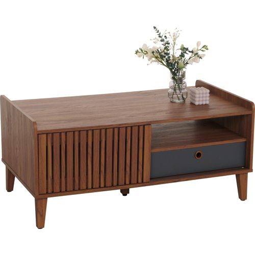 Couchtisch HWC-M48, Wohnzimmertisch Tisch Sofatisch, 52x114x59cm Walnuss-Optik, Schublade dunkelgrau