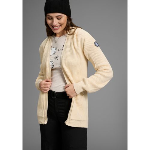 Strickjacke KANGAROOS, Damen, Gr. 40/42, weiß (sanftes weiß), Strick, Obermaterial: 100% Polyacryl, gerade hüftbedeckend, V-Ausschnitt, Puffärmel Rippstrickbündchen, Strickjacken, aus kuscheligem Strick