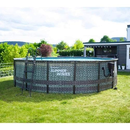 Summer Waves Elite Frame Pool Aufstellpool rund Komplettset Rattanoptik grau Ø 488x122 cm