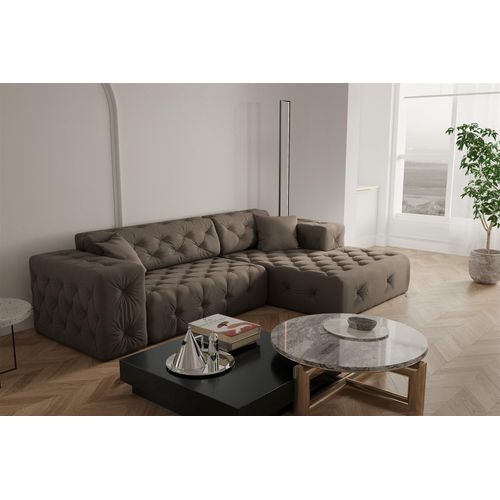 Ecksofa Designersofa CHANTAL in Stoff Opera Velvet Braun Ottomane Rechts