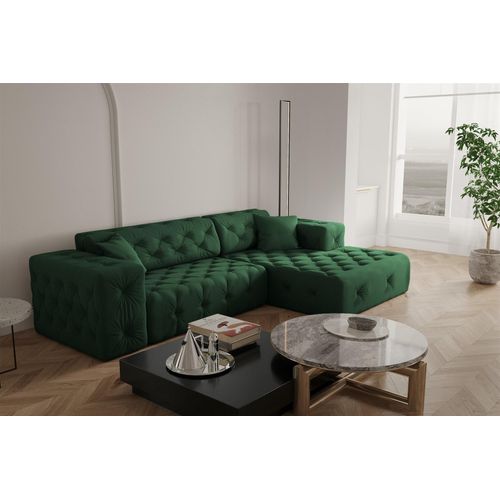 Ecksofa Designersofa CHANTAL in Stoff Opera Velvet Grün Ottomane Rechts