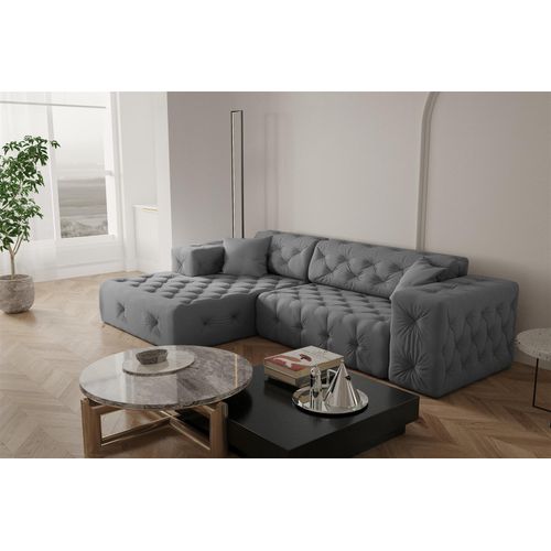 Ecksofa Designersofa CHANTAL in Stoff Opera Velvet Grau Ottomane Links