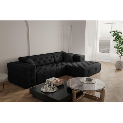 Ecksofa Designersofa CHANTAL in Stoff Opera Velvet Schwarz Ottomane Rechts