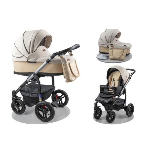 ZEKIWA 3 in 1 Kinderwagen [inkl. Sportwagenaufsatz] - große Liegefläche + Regenschutz + Insektenschutz + Wickeltasche - Saturn Royal beige