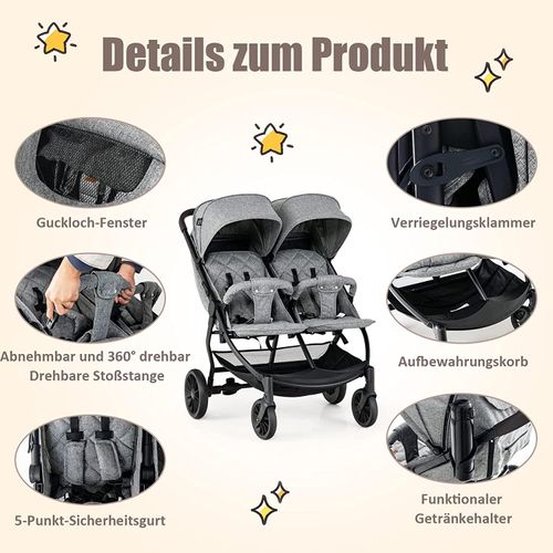 Geschwisterwagen Baby ab Geburt bis 15 kg, Zwillingskinderwagen Faltbar mit verstellbarer Liegeposition und Fußstützen, Zwillingsbuggy mit Verdeck & Sicherheitsgurt