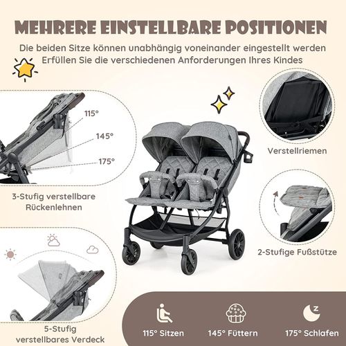 COSTWAY Faltbarer Zwillingskinderwagen, Geschwisterwagen mit Individueller Neigung, Verstellbarer Rückenlehne & Fußstütze & Baldachin, Tragbarer Zwillingsbuggy für Baby 0-4 Jahren