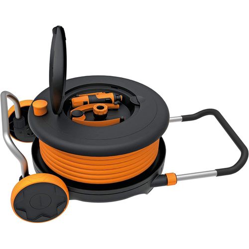 Fiskars Schlauchtrommel mit Schlauch Wasser Bewässerungs-Set 21,5m Reichweite, (1/2 Zoll Schlauchwagen, Wasser All in One Set, Schlauchwagen Garten