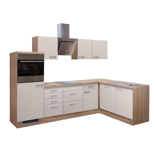 Winkelküche mit E-Geräten & Geschirrspüler - 280 cm breit - Kaschmir Glanz Sonoma Eiche – Neapel