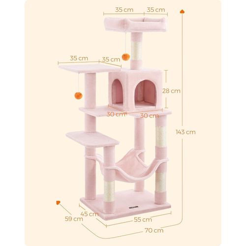 Feandrea Kratzbaum für Katzen, Höhe 143 cm, Spielturm, mit 4 Kratzbäumen, 2 Plattformen, 1 Nische, 1 Hängematte, 2 Pompons, aus Plüschstoff,
