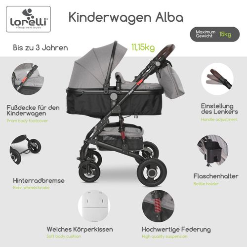 Lorelli Kinderwagen Alba 2 in1, Kombikinderwagen, Baby Buggy mit Liegefunktion klein, Reisebuggy mit Liegeposition mit Fußsack, Liegebuggy, Grau