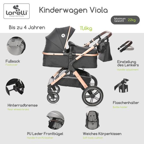 Lorelli Kinderwagen Viola 2 in1, Kombikinderwagen, Baby Buggy mit Liegefunktion klein, Reisebuggy mit Liegeposition mit Fußsack, Liegebuggy, Schwarz