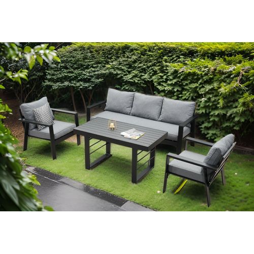 MeXo Gartenmöbelset Aluminium, 5 Personen, Ergonomische Rückenlehne mit Kissen & Hoher Esstisch, Indoor Outdoor Balkon Garten (Sitzgruppe, schwarz)