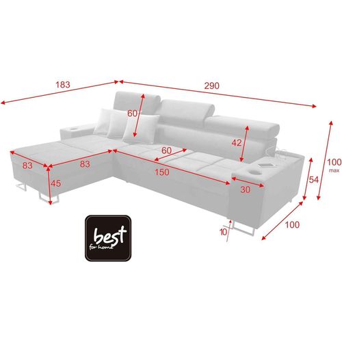 Ecksofa Anita I Maxi Luxus und Elegantes mit Schlaffunktion, Teile hat einen Öffnungsbügel, eine Steckdose und einen USB-Anschluss Uttariovelvet2973