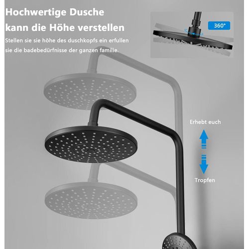 Duscharmatur mit Thermostat, Duschsystem Schwarz, Duschsäule Höhenverstellbare, Regendusche Kopfbrause und 5 Strahlarten Handbrause mit thermostat