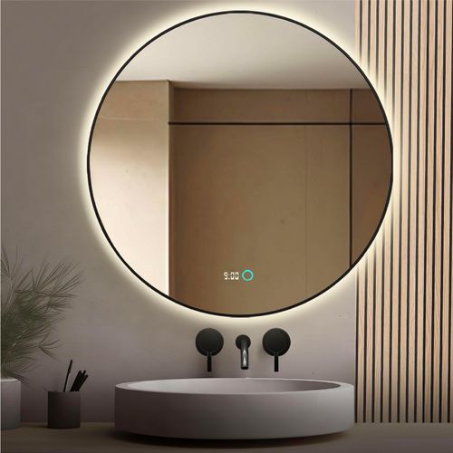 Lumoire® Badspiegel mit beleuchtung – 100 cm Rund – Mit Anti-Beschlag & Digitaluhr – Matt Schwarz