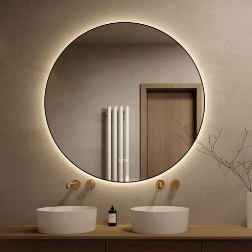 Lumoire® Badspiegel mit beleuchtung – 120 cm Rund – Mit Anti-Beschlag & Digitaluhr – Matt Schwarz