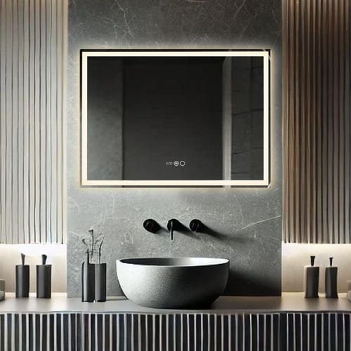 Lumoire® Badspiegel mit beleuchtung – 80 cm Rechteckig – Mit Anti-Beschlag & Uhr