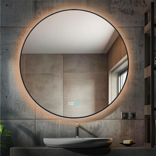 Lumoire® Badspiegel mit beleuchtung – 80 cm Rund – Mit Anti-Beschlag & Digitaluhr – Matt Schwarz