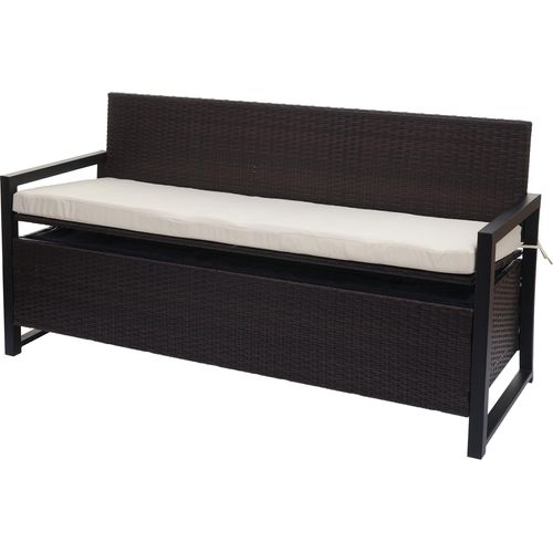 Poly-Rattan 3er Sitzbank HWC-F39, Gartenbank Truhenbank, Staufach Aufbewahrung Sitzkissen braun, Kissen creme
