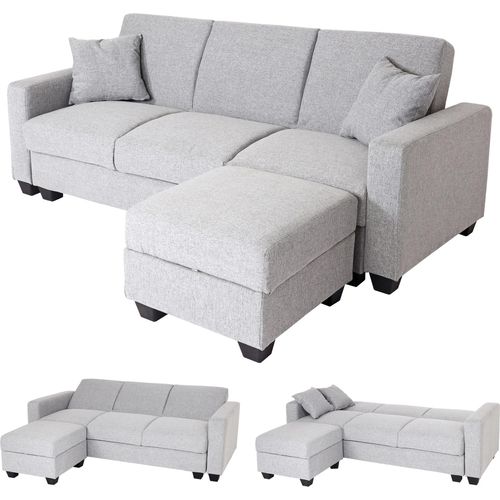 Sofa HWC-H47 mit Ottomane, Couch Sofa Gästebett, Schlaffunktion Stauraum 217x145cm Stoff/Textil hellgrau