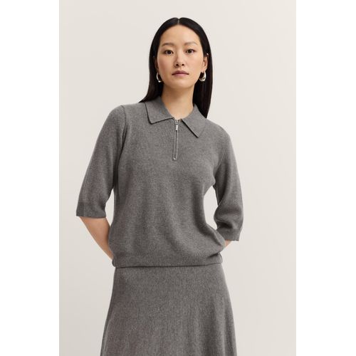 Poloshirt BUGATTI, Damen, Gr. XXL, 250, grau, 40% Wolle, 30% Viskose, 20% Polyamid, 10% Kaschmir, unifarben, normal, Bündchen, Shirts, mit Reißverschluss & Hemdkragen