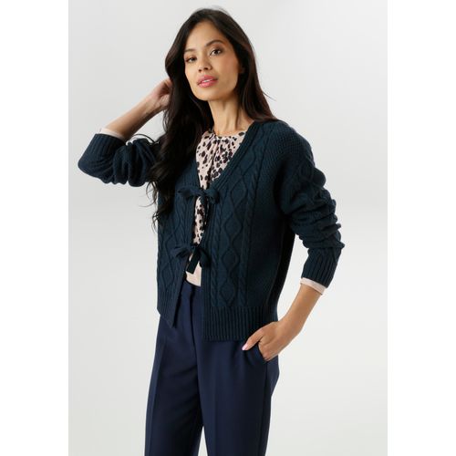 Strickjacke ANISTON SELECTED, Damen, Gr. 46, dunkelblau, Rippstrick, Obermaterial: 100% Polyacryl, Rautenmuster, Zopfmuster, unifarben, lässig geschnitten hüftlang, V-Ausschnitt, Bündchen, Strickjacken, mit Zopf- und Rautenmuster - NEUE KOLLEKTION