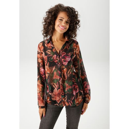 Hemdbluse ANISTON CASUAL, Damen, Gr. 36, schwarz, dunkelgrün, apricot, rostorange, rosa, fuchsia, orange, braun, hellbraun, beige, Georgette, Obermaterial: 100% Polyester, bedruckt, geblümt, leicht transparent, lässig geschnitten hüftbedeckend, V-Ausschnitt, 1-Knopf-Manschette, Blusen Hemdbluse, mit kunstvollem, großflächigen Blüten bedruckt